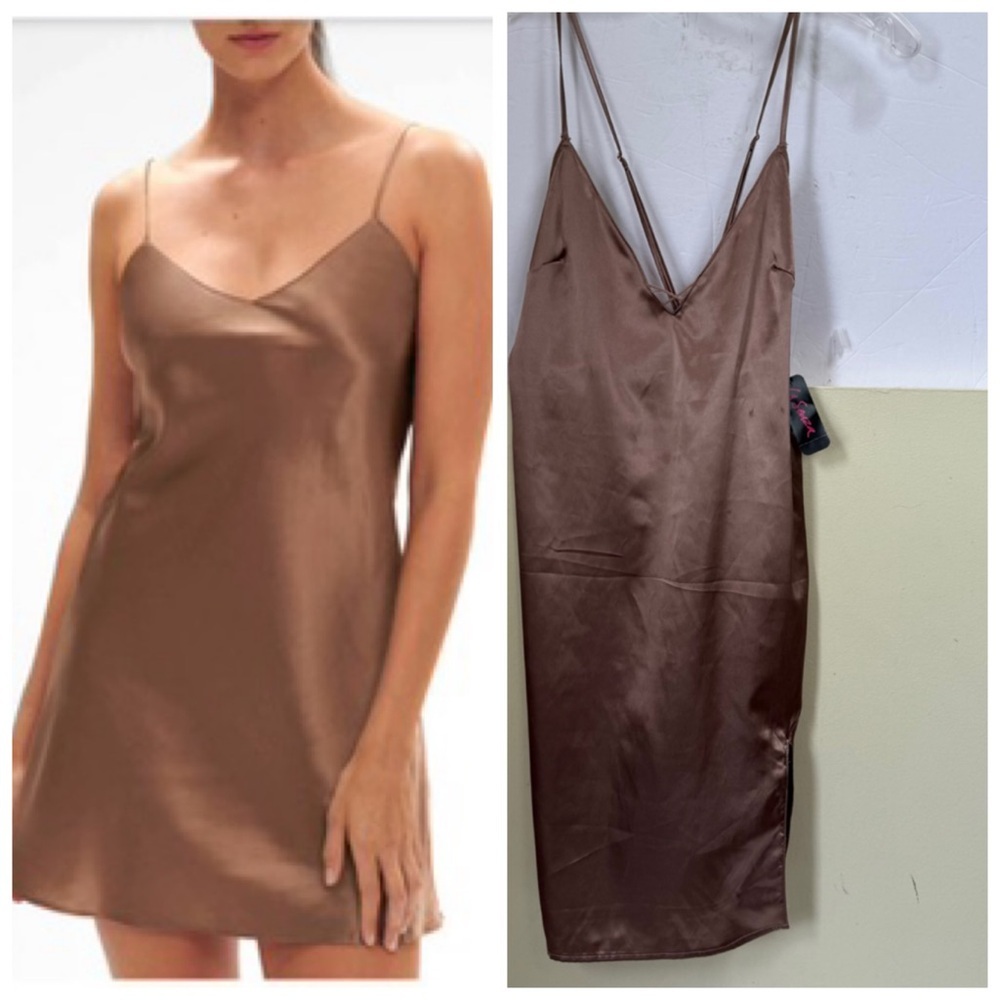 La Senza NEW Satin V Neck Strappy Slit Satin Slip Mini Dress Minimalist Cross L
